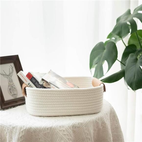 3 Pack Rectangle Cotton Rope Woven Basket with Handles for Books, Magazines - Picture 7 of 8